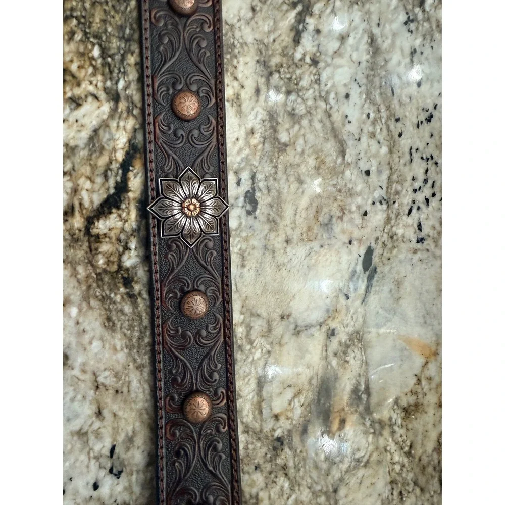 Ariat Womens Dark Brown Tooled Leather Western Belt Sunflower Conchos A1533902 S